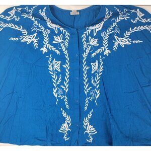 Catherines Women's Short Sleeve Blue Button Down Shirt White Embroider NEW Sz 5X